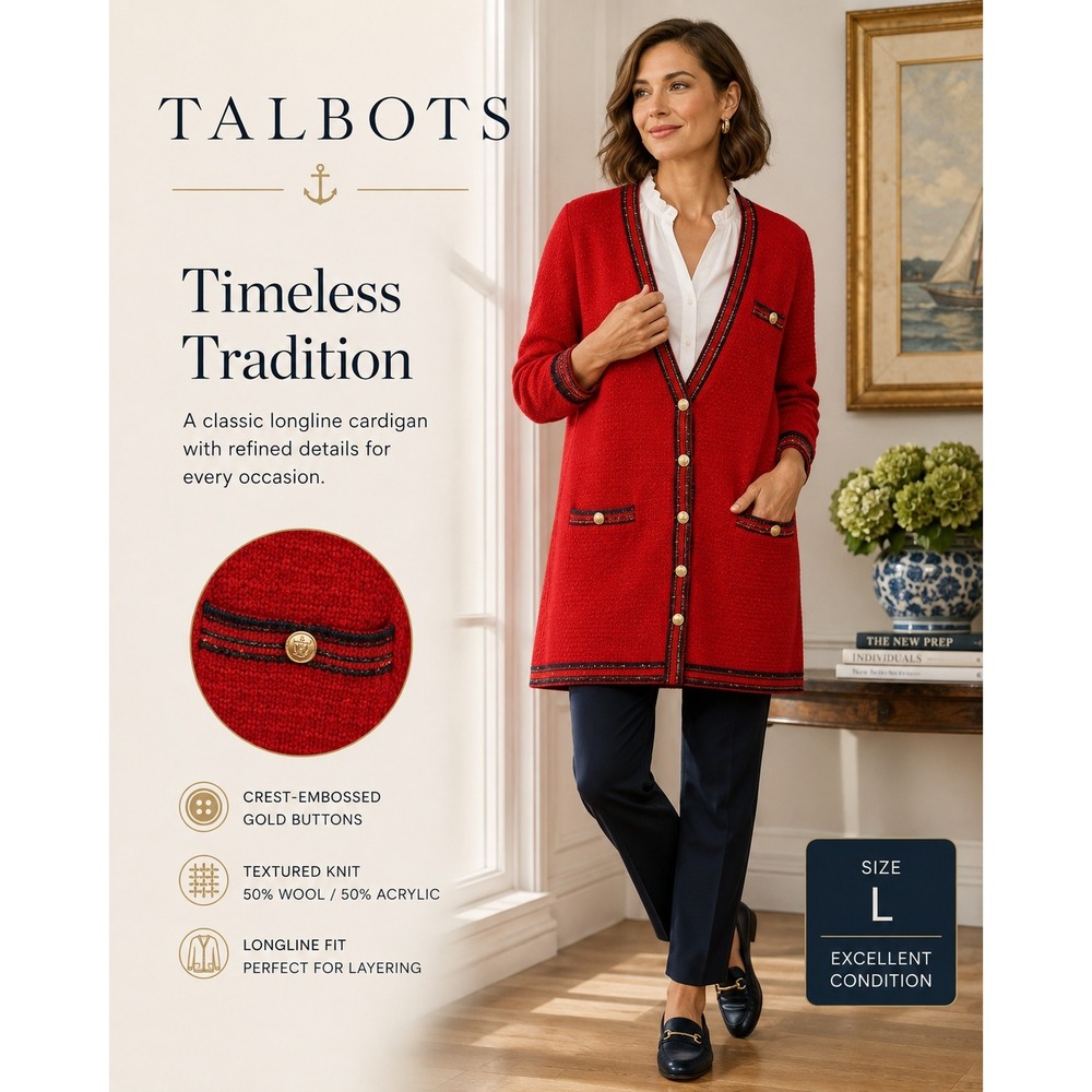 Talbots Cardigan Sweater Women Large Red Gold Button Longline Textured Knit